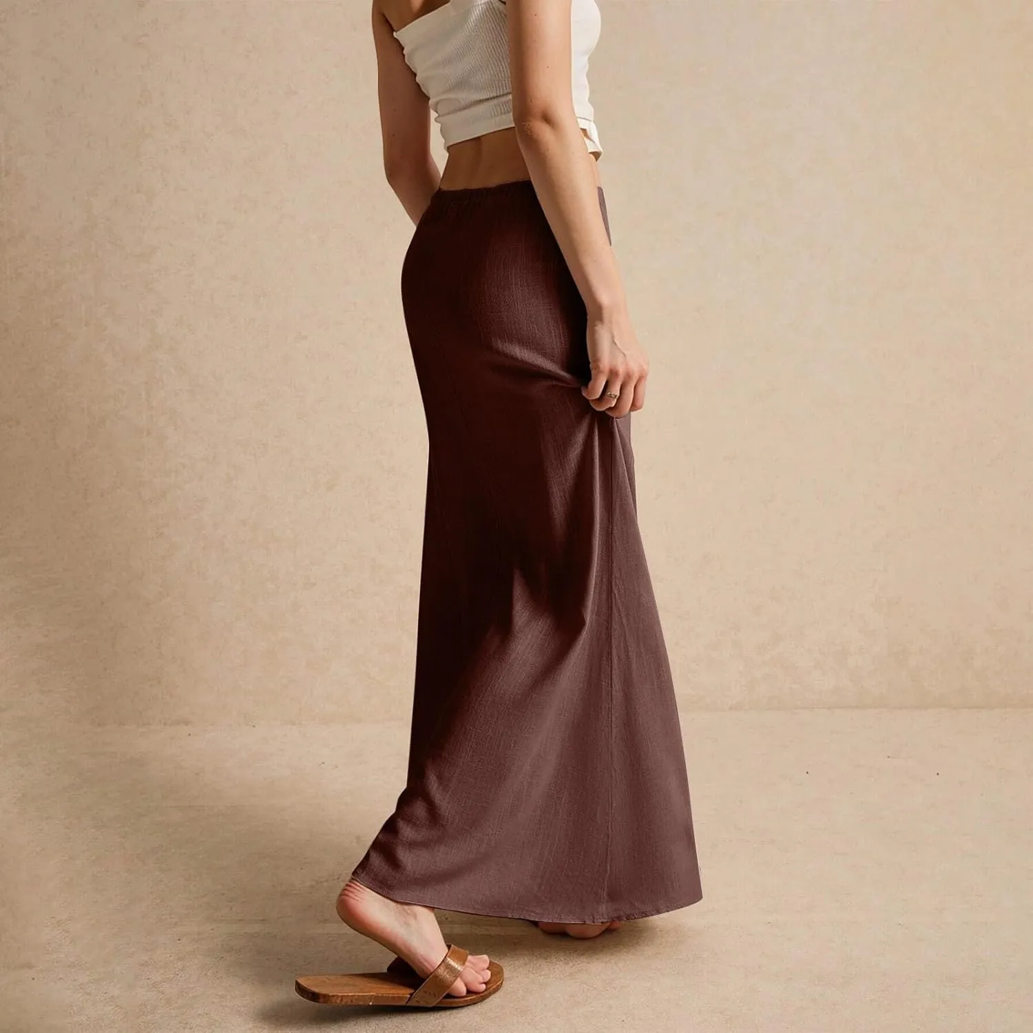 Women's Summer Maxi Linen Skirt Elastic Low Waist Drawstring A-Line Casual Skirts Boho Flowy Beach Long Skirts