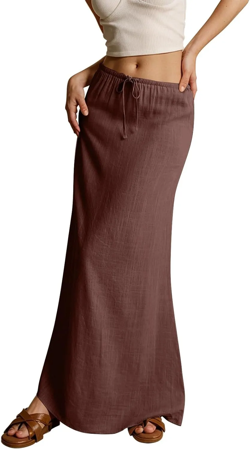 Women's Summer Maxi Linen Skirt Elastic Low Waist Drawstring A-Line Casual Skirts Boho Flowy Beach Long Skirts