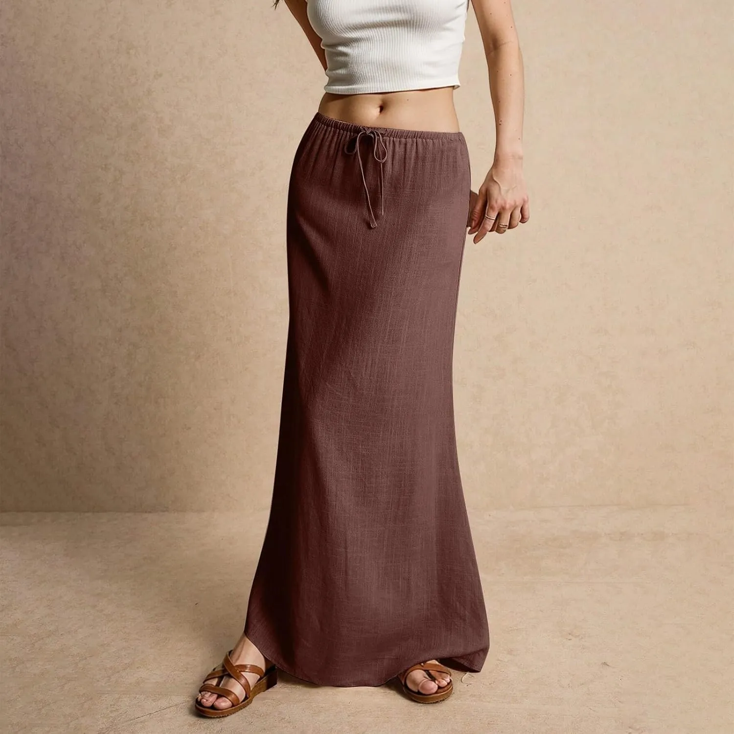 Women's Summer Maxi Linen Skirt Elastic Low Waist Drawstring A-Line Casual Skirts Boho Flowy Beach Long Skirts