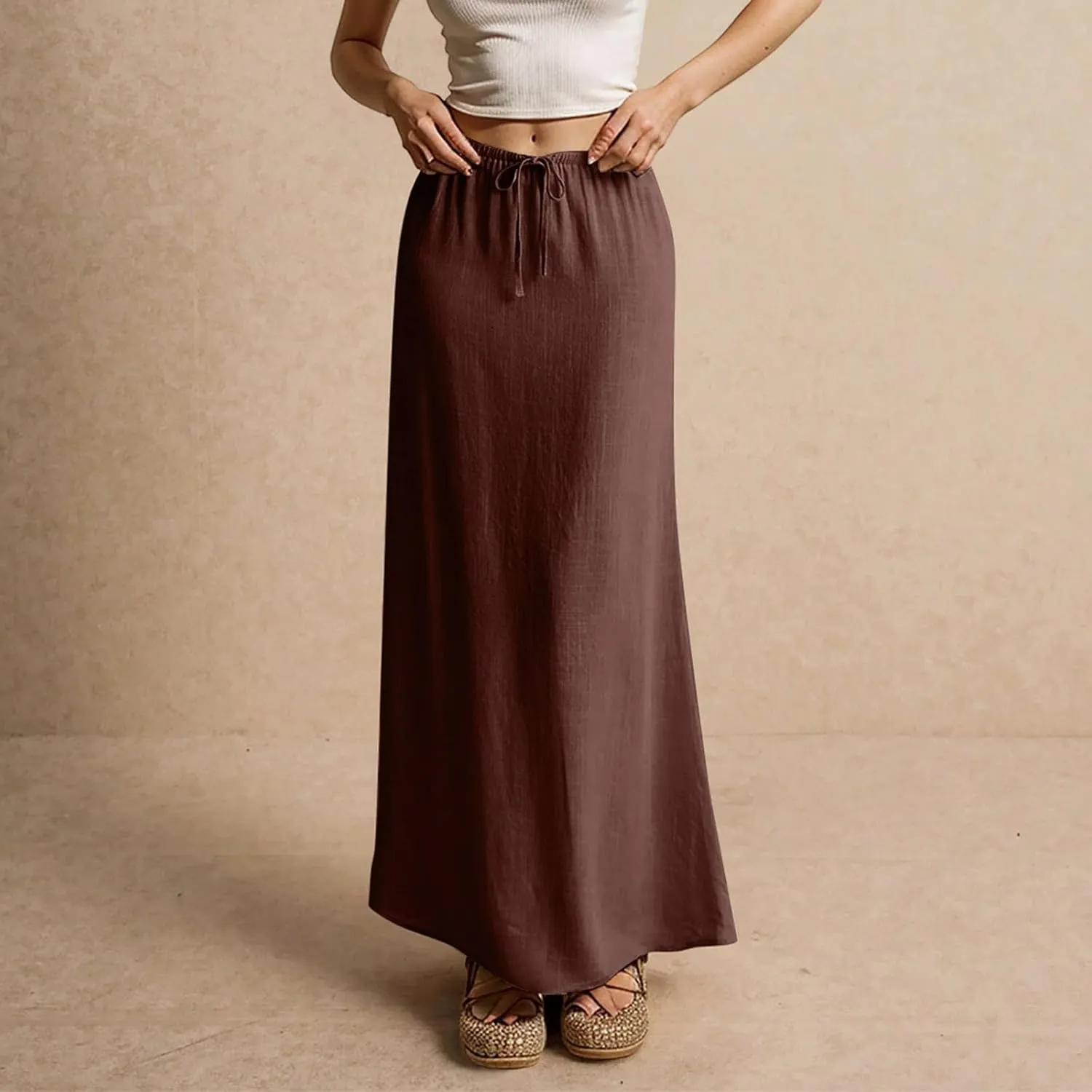 Women's Summer Maxi Linen Skirt Elastic Low Waist Drawstring A-Line Casual Skirts Boho Flowy Beach Long Skirts