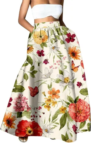 Womens Summer Maxi Skirt Boho Long Skirts Pleated Dress Casual 2025 A Line Plus Size Tiered Beach Vacation Clothing
