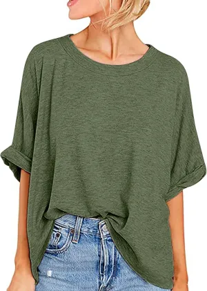 Womens Summer Oversized Tshirts Half Sleeve Crew Neck Tee Tops Fashion Casual Solid Shirt Loose Roll Up Comfy Blouse