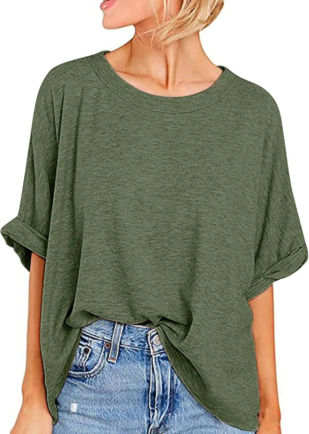 Womens Summer Oversized Tshirts Half Sleeve Crew Neck Tee Tops Fashion Casual Solid Shirt Loose Roll Up Comfy Blouse