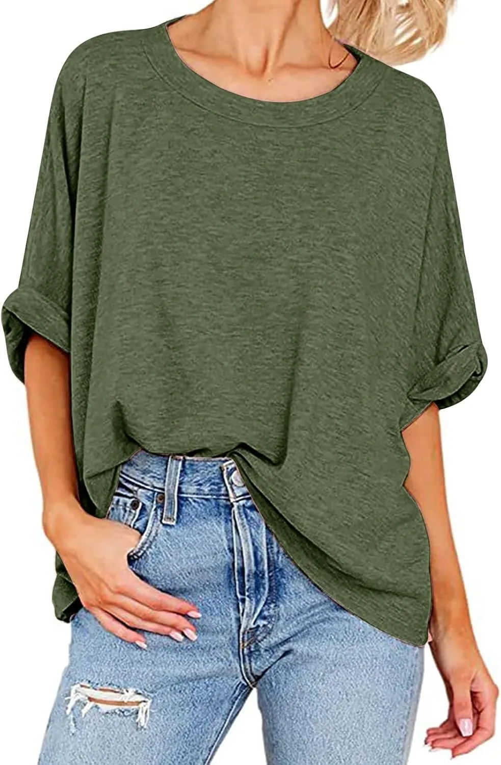 Womens Summer Oversized Tshirts Half Sleeve Crew Neck Tee Tops Fashion Casual Solid Shirt Loose Roll Up Comfy Blouse