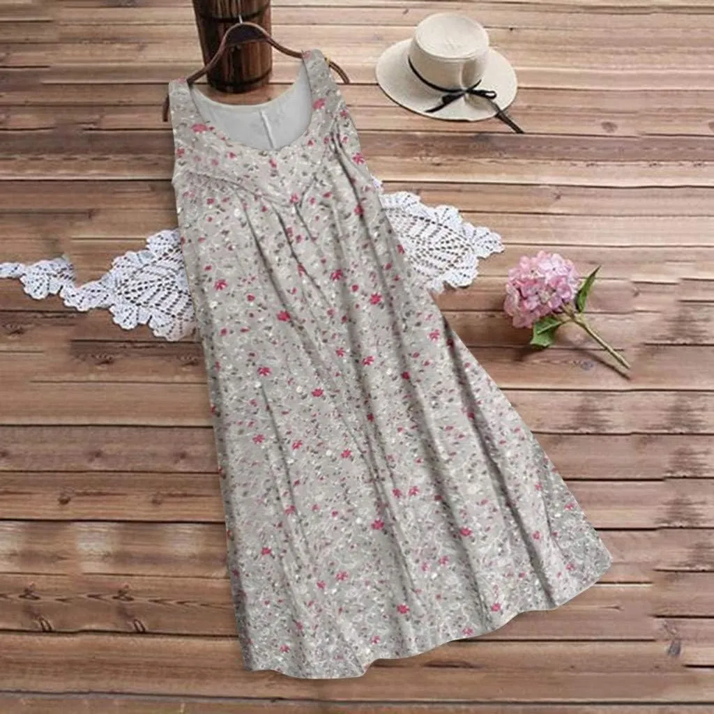 Womens Summer Sleeveless Minn Dress Women's Spring/Summer Flower Printed Casual Tank Top Pockets Beach Casual Dress