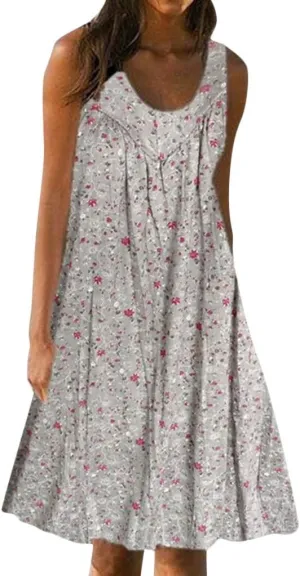 Womens Summer Sleeveless Minn Dress Women's Spring/Summer Flower Printed Casual Tank Top Pockets Beach Casual Dress