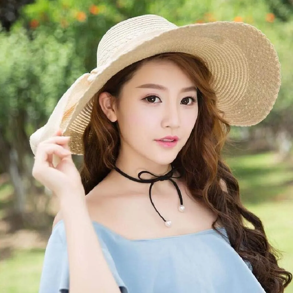 Womens Sun Straw Hat Wide Brim UPF 50 Summer Foldable Roll up Floppy Beach Hats Outdoor Sun Hats for Women