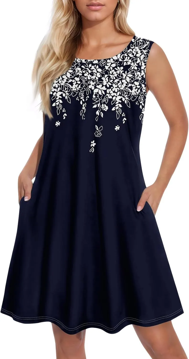 Womens Sundresses Sleeveless Tank Dress Spring Vintage Dress Cover Up Patterned Boho Floral Dresses Summer with Pocket