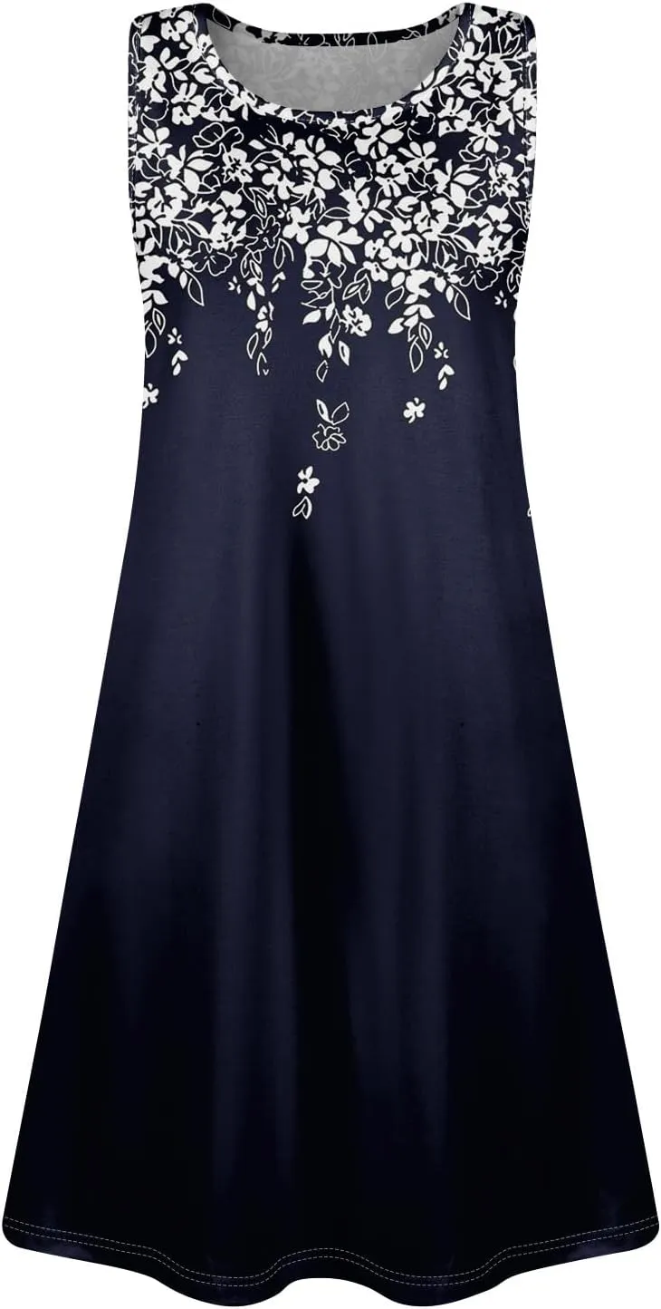 Womens Sundresses Sleeveless Tank Dress Spring Vintage Dress Cover Up Patterned Boho Floral Dresses Summer with Pocket
