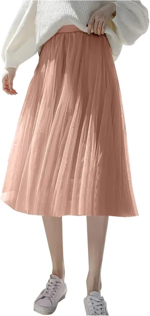 Womens Tulle Skirt Solid Color Elastic High Waist Pleated Mesh Flowy A-Line Skirts Summer Midi Skort