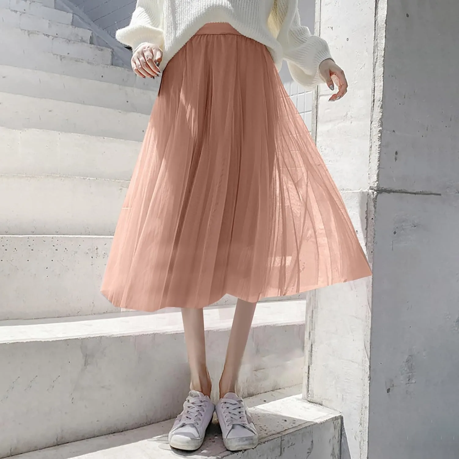 Womens Tulle Skirt Solid Color Elastic High Waist Pleated Mesh Flowy A-Line Skirts Summer Midi Skort