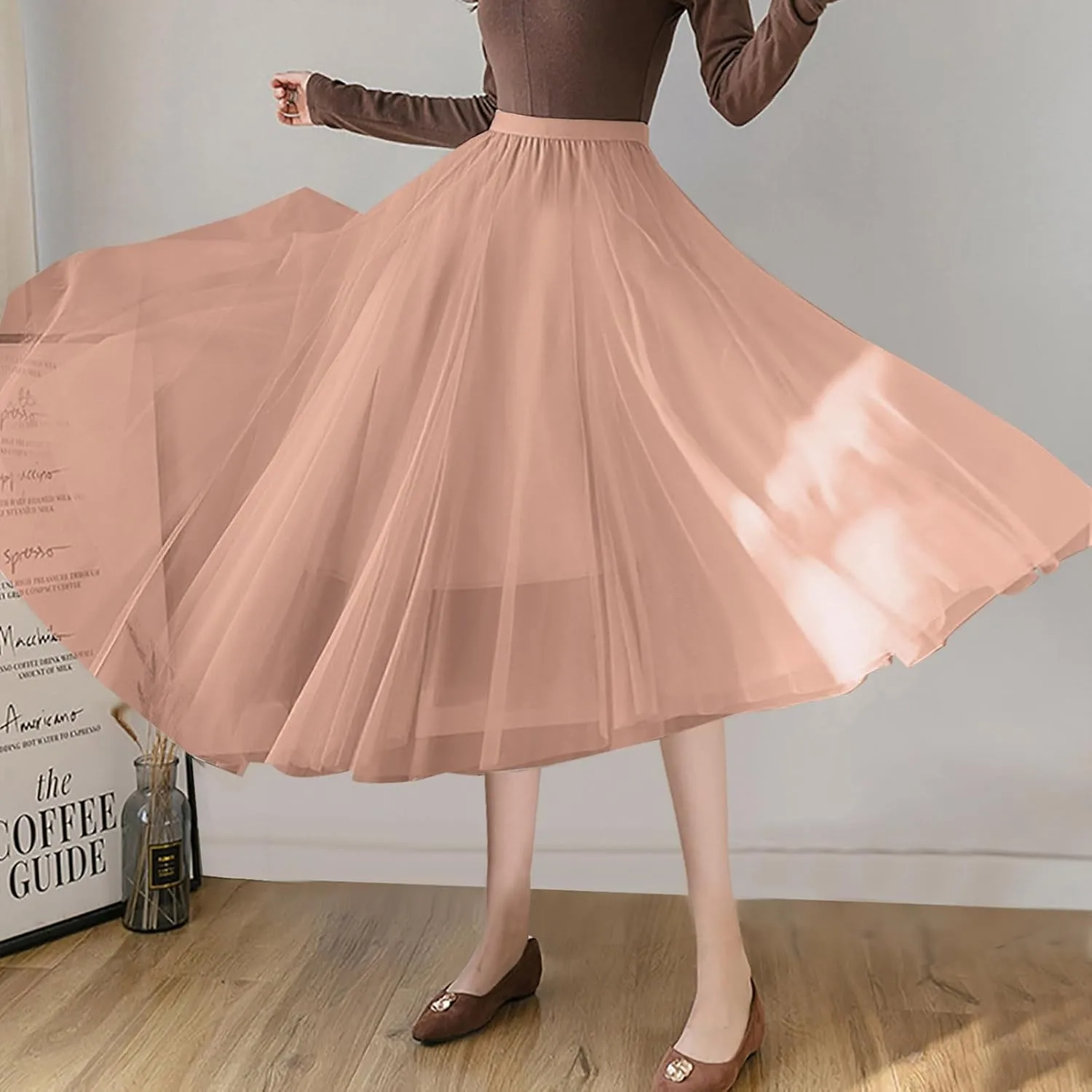 Womens Tulle Skirt Solid Color Elastic High Waist Pleated Mesh Flowy A-Line Skirts Summer Midi Skort