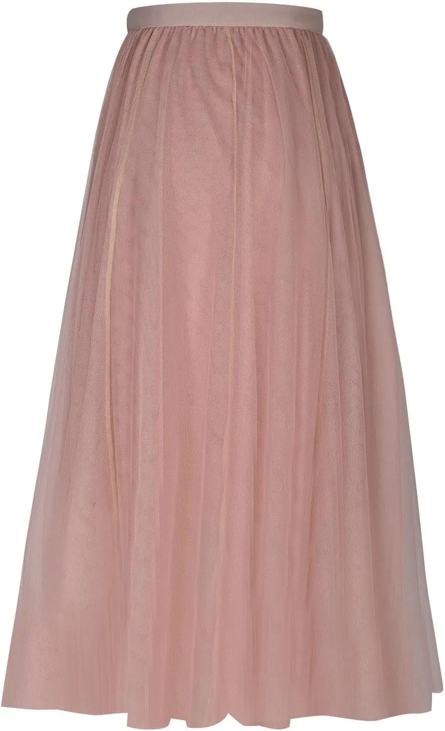 Womens Tulle Skirt Solid Color Elastic High Waist Pleated Mesh Flowy A-Line Skirts Summer Midi Skort