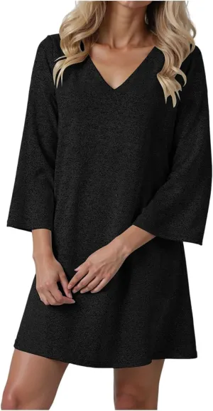 Womens Tunic Dress Long Sleeve V Neck Casual Loose Flowy Swing Shift Dresses Summer Casual Vacation Beach Sundress