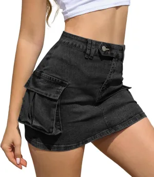 Womens Y2k Denim Mini Skirts Low Waist Cute Skirts Cargo Jean Skirts Dresses with Pockets