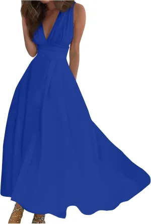 Yesunpxs Women's 2024 Floral Printed Maxi Dress - Sleeveless, V-Neck, Wrap, Midi, All Seasons, Size M, Summery Floral