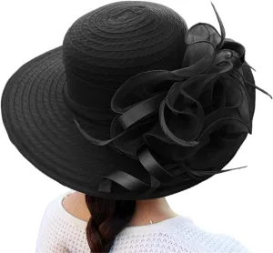 YOLAI Wide Brim Summer Hat for Women Lady Tea Party Fascinators Cap Church Wedding Cap with Flower