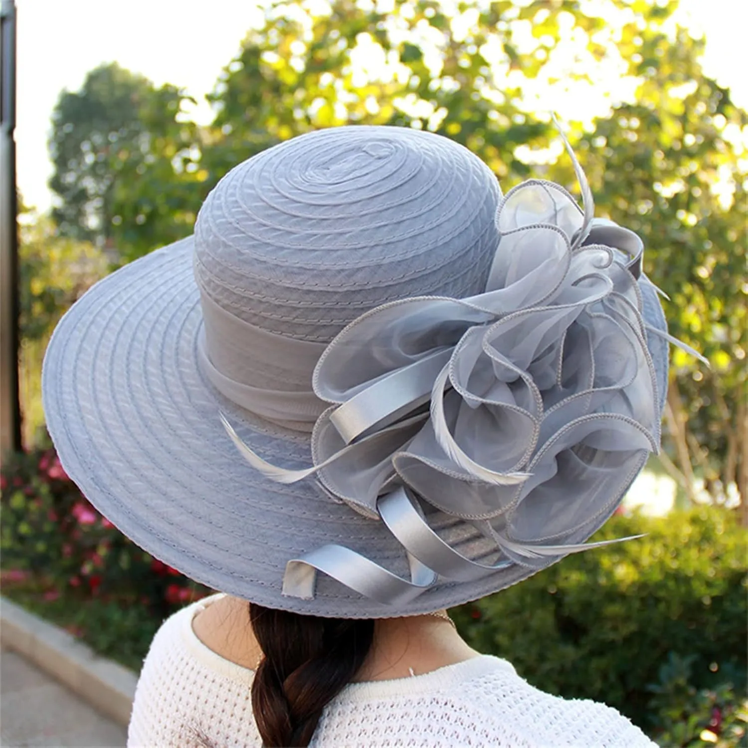 YOLAI Wide Brim Summer Hat for Women Lady Tea Party Fascinators Cap Church Wedding Cap with Flower