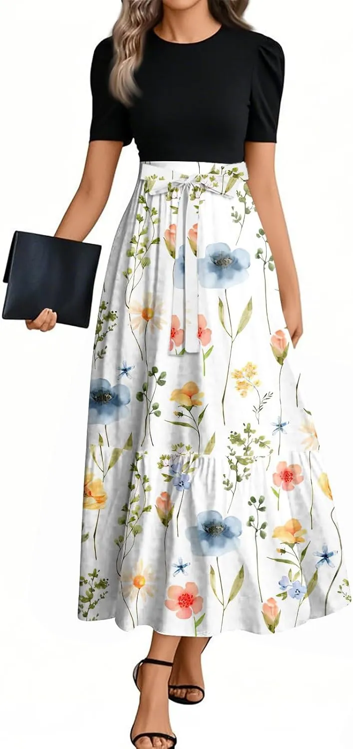 ZEFOTIM Long Flowy Dresses for Women Elegant Floral Dress Short Sleeve Crew Neck Dresses with Belt