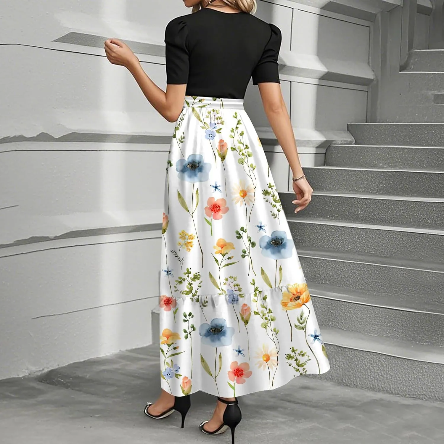 ZEFOTIM Long Flowy Dresses for Women Elegant Floral Dress Short Sleeve Crew Neck Dresses with Belt