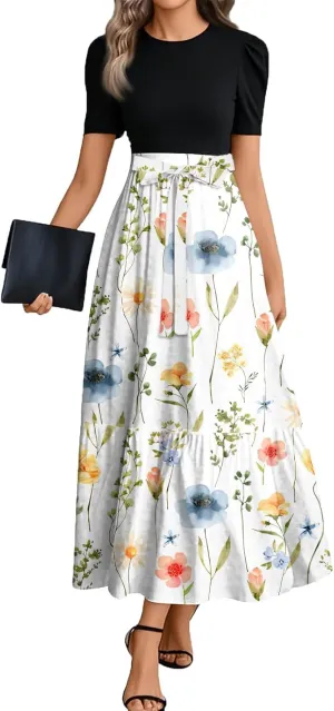 ZEFOTIM Long Flowy Dresses for Women Elegant Floral Dress Short Sleeve Crew Neck Dresses with Belt