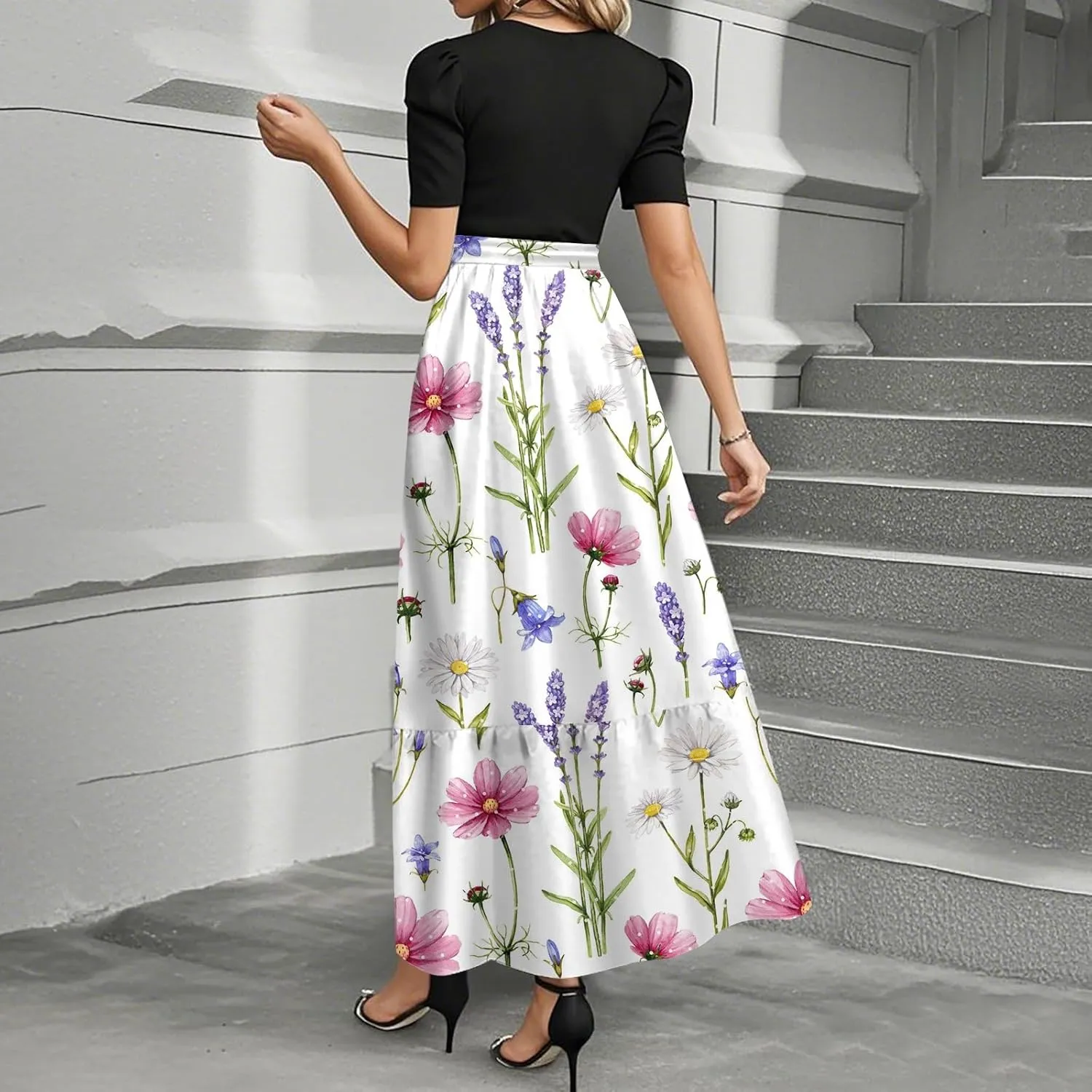 ZEFOTIM Maxi Dresses for Women 2025 Trendy Floral Dress Short Sleeve Crew Neck Dresses with Belt