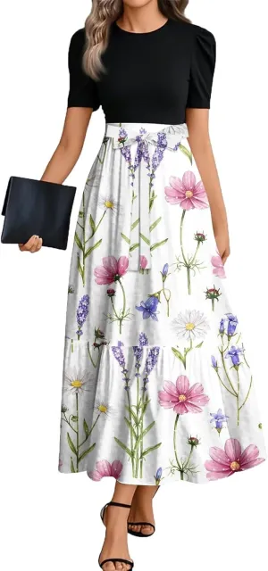 ZEFOTIM Maxi Dresses for Women 2025 Trendy Floral Dress Short Sleeve Crew Neck Dresses with Belt