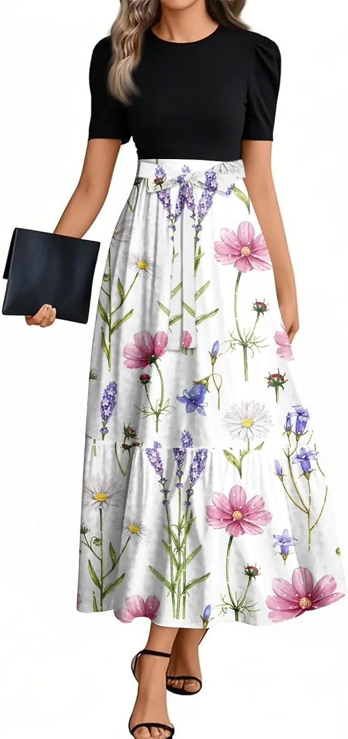 ZEFOTIM Maxi Dresses for Women 2025 Trendy Floral Dress Short Sleeve Crew Neck Dresses with Belt