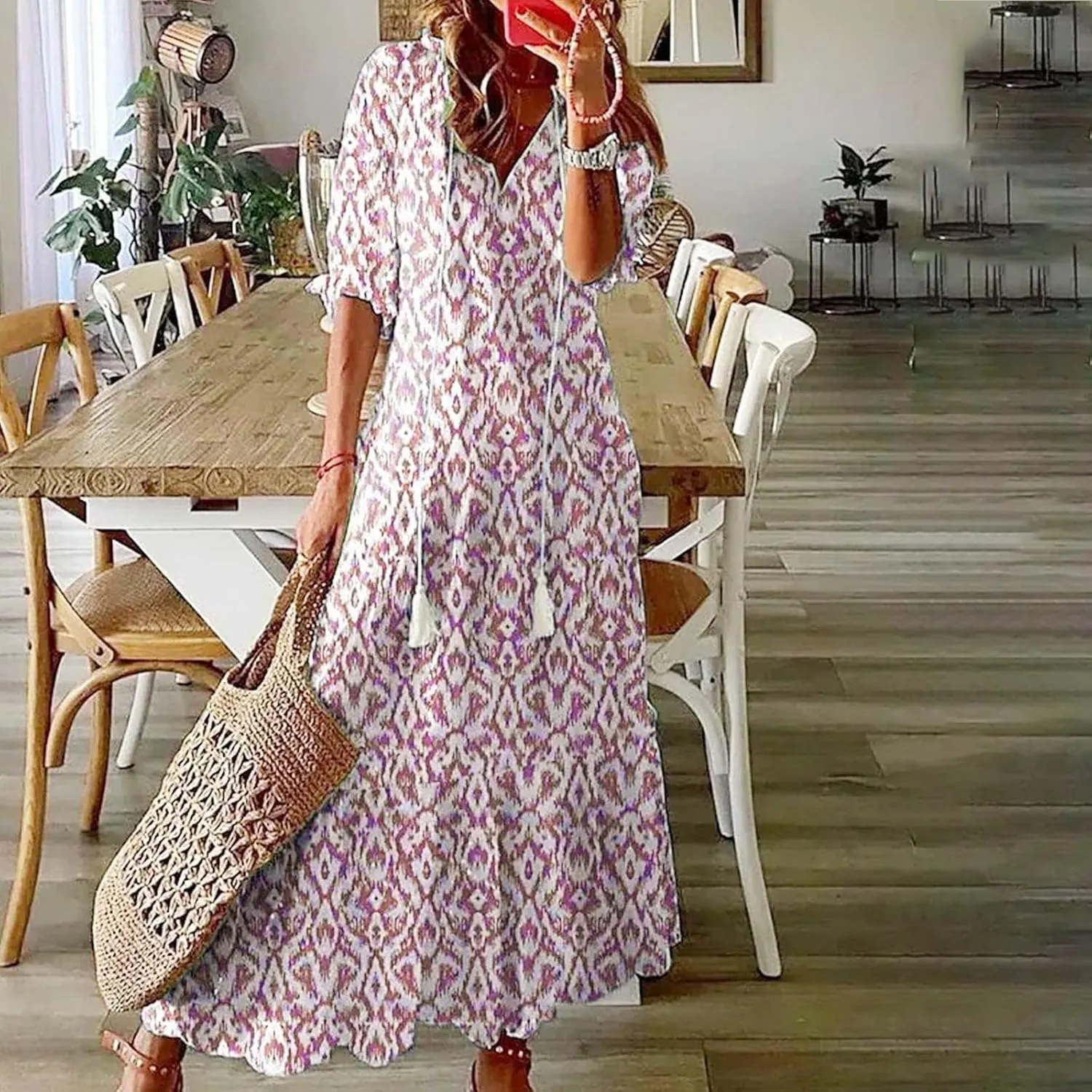ZWRXW Women Boho Summer Dress Tassel V Neck Ruffle Flowy A-Line Maxi Dresses Short Sleeve Casual Long Dress Beach Vacation