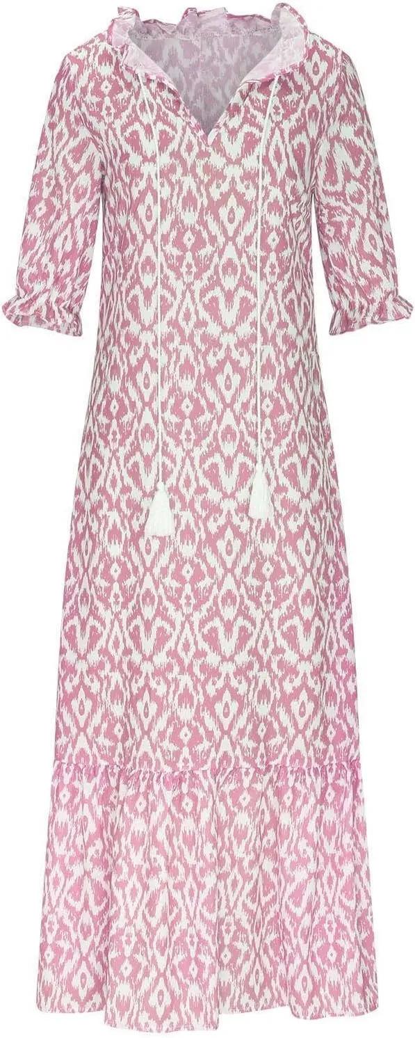 ZWRXW Women Boho Summer Dress Tassel V Neck Ruffle Flowy A-Line Maxi Dresses Short Sleeve Casual Long Dress Beach Vacation