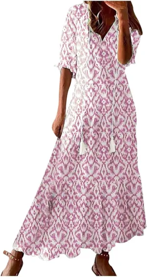 ZWRXW Women Boho Summer Dress Tassel V Neck Ruffle Flowy A-Line Maxi Dresses Short Sleeve Casual Long Dress Beach Vacation